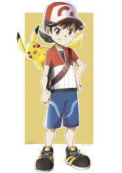 Rule 34 | 1boy, absurdres, backpack, bag, black hair, brown background, chase (pokemon), closed mouth, commentary, creatures (company), game freak, gen 1 pokemon, grey eyes, hand on own hip, hat, highres, jacket, male focus, mr.thunderigor, nintendo, outline, pikachu, pokemon, pokemon lgpe, pokemon on back, red headwear, shirt, shoes, short sleeves, shorts, smile, split mouth, standing