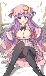 Rule 34 | 1girl, ass, black thighhighs, breasts, cleavage, crescent, highres, large breasts, looking at viewer, namiki (remiter00), open mouth, patchouli knowledge, purple eyes, purple hair, shiny skin, solo, thighhighs, touhou