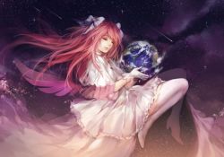 Rule 34 | 10s, 1girl, boots, choker, closed eyes, dress, earth (planet), giant, giantess, gloves, hair ribbon, huge giantess, kaname madoka, long hair, magical girl, mahou shoujo madoka magica, mahou shoujo madoka magica (anime), pink hair, planet, ribbon, shooting star, sky, smile, space, star (symbol), thigh boots, thighhighs, twintails, two side up, ultimate madoka, wings, yukihomu