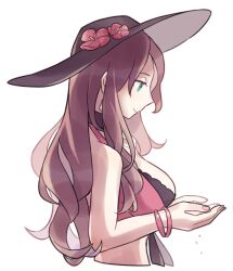 Rule 34 | 1girl, black hat, blue eyes, bracelet, breasts, brown hair, closed mouth, commentary request, dorothea arnault, dorothea arnault (summer), fire emblem, fire emblem: three houses, fire emblem heroes, flower, from side, haconeri, hat, hat flower, jewelry, large breasts, long hair, nintendo, official alternate costume, red flower, simple background, smile, solo, sun hat, swimsuit, upper body, white background