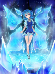Rule 34 | 1girl, bad id, bad pixiv id, blue dress, blue hair, bow, cirno, dress, hair bow, ice, ice wings, mary janes, matokechi, red ribbon, ribbon, shoes, short hair, short sleeves, socks, solo, touhou, water, wings
