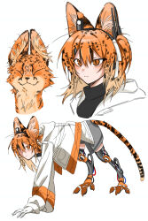 1girl a.i._voice absurdres adachi_rei all_fours animal_ears animal_feet animal_print black_shirt brown_eyes cat_ears cat_girl cat_tail commentary gloves gradient_hair hair_ribbon headlamp highres hirune_(suiminbusoku118) jacket kemonomimi_mode mechanical_legs medium_hair multicolored_hair multiple_views one_side_up orange_hair patterned_hair radio_antenna ribbon serious serval shirt simple_background slit_pupils spotted_hair tail turtleneck turtleneck_shirt utau white_background white_gloves white_jacket white_ribbon