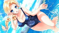 Rule 34 | 1girl, bare shoulders, beach, bianca (dq5), blonde hair, blue eyes, blush, breasts, cameltoe, cleavage, cloud, dragon quest, dragon quest v, earrings, covered erect nipples, female focus, happy, jewelry, large breasts, long hair, looking at viewer, nature, ocean, open mouth, outdoors, plant, school swimsuit, sky, smile, solo, standing, swimsuit, water, wet