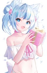 Rule 34 | 1girl, :d, animal ear fluff, animal ears, bare shoulders, bikini, blue eyes, blue hair, blush, box, cat ears, choker, collarbone, commentary, crop top, double bun, fangs, gawr gura, gift, gift box, hair bun, hair ornament, highres, holding, holding box, hololive, hololive english, looking at viewer, medium hair, multicolored hair, navel, off-shoulder bikini, off shoulder, open mouth, pink choker, ribbon, short sleeves, simple background, smile, solo, stomach, streaked hair, swimsuit, two side up, upper body, virtual youtuber, white background, white hair, yellow ribbon, yuzuno kaori
