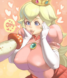 Rule 34 | 1girl, bad id, bad pixiv id, blonde hair, blue eyes, blush, breasts, covered erect nipples, crown, dress, english text, hands on own face, heart, impossible clothes, impossible dress, jewelry, large breasts, lips, long hair, maou alba, mario (series), mushroom, nintendo, pink dress, princess peach, puffy sleeves, sexually suggestive, solo