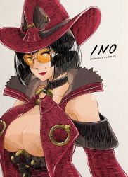Rule 34 | 1girl, black hair, breasts, choker, cleavage, guilty gear, hat, i-no, large breasts, o-ring, o-ring top, orange-tinted eyewear, orange-tinted glasses, portrait, red headwear, short hair, solo focus, sunglasses, tinted eyewear, witch hat