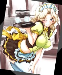 Rule 34 | 10s, 1girl, ;), alternate costume, apron, blonde hair, blue eyes, blush, bow, bowtie, breasts, coco&#039;s, commentary request, corset, covered erect nipples, cowboy shot, dishes, dutch angle, enmaided, frills, girls und panzer, glasses, hair intakes, hand on own hip, holding, holding tray, kay (girls und panzer), kitchen, large breasts, leaning forward, long hair, maid, maid apron, maid headdress, midriff, name tag, one eye closed, puffy sleeves, ribbon, short sleeves, signature, skirt, smile, solo, standing, thighhighs, tray, twitter username, uniform, waist apron, waitress, white thighhighs, yts takana