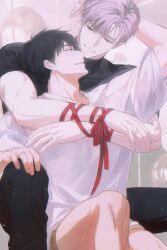 Rule 34 | 2boys, absurdres, black hair, black shirt, feet out of frame, highres, hug, hug from behind, ilay riegrow, jeong taeui, jewelry, light particles, looking at another, male focus, multiple boys, passion (manhwa), red ribbon, ribbon, ring, shirt, short hair, shorts, teeth, white hair, white shirt, white shorts, whiteislife 4, yaoi