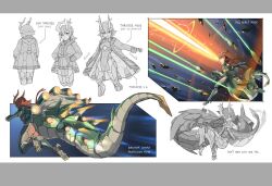 Rule 34 | 1girl, breath weapon, character sheet, commentary, dragon girl, dragon horns, dragon tail, english commentary, english text, from behind, grin, hands in pockets, horns, jacket, long hair, looking at viewer, low ponytail, mecha musume, mouth beam, open clothes, open jacket, orange hair, original, pelvic curtain, pointy ears, smile, tail, tail wagging, thrusters, yellow eyes, zen (jirakun)