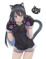 Rule 34 | 1girl, alternate costume, animal ears, animal hands, asashio (kancolle), black bodysuit, black hair, black hairband, bodysuit, breasts, cat ears, cat tail, cowboy shot, fake animal ears, fake tail, gloves, green eyes, hairband, halloween costume, highres, kantai collection, lanthan, long hair, paw gloves, pout, short sleeves, sidelocks, simple background, small breasts, standing, tail, very long hair, white background