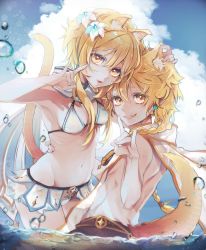 Rule 34 | 1boy, 1girl, aether (genshin impact), animal ears, bikini, blonde hair, blue sky, breasts, brother and sister, bubble, cat ears, cat tail, cleavage, cloud, cloudy sky, day, earrings, fang, flower, genshin impact, hair flower, hair ornament, highres, jewelry, looking at viewer, lumine (genshin impact), navel, partially submerged, ruohire9, scarf, siblings, sky, small breasts, smile, swimsuit, tail, torso grab, water, white bikini, white scarf, yellow eyes