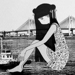 Rule 34 | 1girl, awaya yawako, black hair, closed mouth, commentary request, dot mouth, dot nose, double bun, dress, from side, greyscale, hair bun, knees up, long hair, looking at viewer, monochrome, original, photo background, print dress, ship, solo, suspension bridge, watercraft