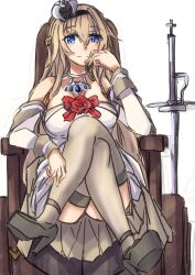 Rule 34 | 1girl, blonde hair, blue eyes, braid, breasts, cleavage, corset, crossed legs, crown, dress, flower, french braid, hairband, highres, jewelry, kantai collection, large breasts, long hair, long sleeves, mini crown, necklace, off-shoulder dress, off shoulder, red flower, red rose, rose, scepter, shoes, smile, thighhighs, throne, tonke, warspite (kancolle), white background, white corset, white dress, white thighhighs