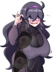 Rule 34 | 1girl, @ @, ahoge, blush, bra, breasts, covered erect nipples, creatures (company), female focus, game freak, hairband, hex maniac (pokemon), highres, holding, holding bra, holding clothes, holding underwear, huge breasts, kurorettsu, long hair, looking to the side, matching hair/eyes, milk stain, nail polish, nintendo, pokemon, pokemon xy, purple eyes, purple hair, solo, stained clothes, underwear, wet bra