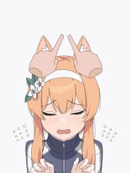 Rule 34 | 1girl, 1other, animal ear fluff, animal ears, animated, animated gif, blue archive, blue jacket, blush, closed eyes, commentary request, disembodied hand, flower, flying sweatdrops, fox ears, fox girl, hair flower, hair ornament, hairband, highres, jacket, long hair, mari (blue archive), mari (track) (blue archive), official alternate costume, open mouth, orange hair, sidelocks, simple background, solo focus, tenuwi, track jacket, wavy mouth, white background, white flower, white hairband