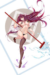Rule 34 | 1girl, absurdres, bad id, bad pixiv id, bikini, black panties, breasts, fate (series), gae bolg (fate), goti (gotie23), hair between eyes, hair ornament, highres, holding, holding weapon, jewelry, large breasts, long hair, looking at viewer, mop, navel, panties, polearm, purple hair, red eyes, scathach (fate), single thighhigh, smile, solo, spear, swimsuit, thighhighs, underwear, very long hair, water, weapon