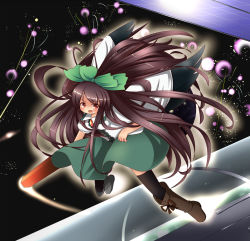 Rule 34 | 1girl, arm cannon, asymmetrical clothes, asymmetrical footwear, bow, brown hair, cape, female focus, hair bow, highres, long hair, mismatched footwear, red eyes, reiuji utsuho, solo, thighhighs, torichiyo, touhou, weapon, wings