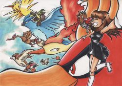 Rule 34 | 1girl, absurdres, armpits, articuno, artist request, bare shoulders, black dress, blue eyes, boots, breasts, brown hair, closed eyes, creatures (company), day, dodrio, doduo, dress, earrings, eyelashes, farfetch&#039;d, fearow, female focus, flying, from side, game freak, gen 1 pokemon, gen 2 pokemon, gloves, green (pokemon), happy, high heel boots, high heels, highres, ho-oh, jewelry, knee boots, legendary pokemon, legs, long hair, medium breasts, neck, nintendo, outdoors, outstretched arm, outstretched arms, parted bangs, pidgeot, pidgeotto, pidgey, pokemon, pokemon adventures, profile, riding, riding pokemon, shiny clothes, short dress, side slit, sidelocks, size difference, sky, sleeveless, sleeveless dress, sleeveless turtleneck, smile, spearow, spread arms, standing, standing on one leg, thighs, tight clothes, tight dress, turtleneck, turtleneck dress, white footwear, white gloves, zapdos