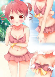 Rule 34 | 1girl, ^^^, arm under breasts, bare arms, bare shoulders, bikini, blush, bow, breast hold, breasts, collarbone, commentary request, day, double bun, gochuumon wa usagi desu ka?, hair bow, hair bun, hand up, leaning forward, looking at viewer, multiple views, natsu megumi, navel, outdoors, parted lips, pink bikini, red eyes, red hair, rikatan, small breasts, standing, swimsuit, twintails, wading, wardrobe malfunction, water, white bow