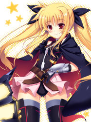Rule 34 | 00s, 1girl, armor, bardiche (nanoha), bardiche (zanber form) (nanoha), belt, belt skirt, black gloves, black thighhighs, blonde hair, blush, bow, breasts, cape, cowboy shot, energy sword, energy weapon, fate testarossa, fate testarossa (lightning form) (2nd), gauntlets, gloves, glowing, hair bow, hair ribbon, halftone, halterneck, hip focus, holding, holding weapon, huge weapon, leotard, light smile, long hair, looking at viewer, lyrical nanoha, magical girl, mahou shoujo lyrical nanoha, miniskirt, outline, pleated skirt, raiou, red eyes, ribbon, showgirl skirt, sidelocks, skirt, sleeveless, small breasts, smile, solo, star (symbol), sword, thighhighs, turtleneck, twintails, very long hair, weapon, white background, zettai ryouiki