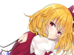 Rule 34 | 1girl, back cutout, blonde hair, clothing cutout, crying, crystal, flandre scarlet, looking at viewer, looking back, medium hair, pointy ears, puffy short sleeves, puffy sleeves, red eyes, red ribbon, red vest, ribbon, shirt, short hair, short sleeves, simple background, tosakaoil, touhou, vest, white background, white shirt, wings
