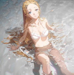 Rule 34 | 1girl, arm support, bare arms, bare shoulders, bikini, blonde hair, blue eyes, braid, breasts, cleavage, crown braid, fajyobore, feet out of frame, forehead, frilled bikini, frills, from above, hair ornament, hairclip, knee up, leaning back, long hair, looking at viewer, looking up, medium breasts, nintendo, parted lips, partially submerged, pointy ears, princess zelda, sitting, solo, sparkle, swimsuit, the legend of zelda, the legend of zelda: breath of the wild, very long hair, water, white bikini