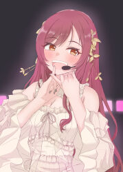 Rule 34 | 1girl, absurdres, blush, breasts, cleavage, cleavage cutout, clothing cutout, detached sleeves, dress, fingernails, frilled dress, frills, headset, highres, idol, idolmaster, idolmaster shiny colors, long hair, looking at viewer, medium breasts, nail polish, osaki amana, pinky out, red hair, smile, solo, tenchan, very long hair, white dress, wide sleeves