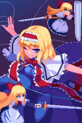 Rule 34 | 3girls, ;), alice margatroid, blonde hair, blue dress, blue eyes, bow, bowtie, brodall pixel, capelet, closed mouth, commentary request, dress, frilled hairband, frills, hair bow, hairband, highres, holding, holding shield, holding sword, holding weapon, long hair, long sleeves, multiple girls, one eye closed, pixel art, red bow, red bowtie, red hairband, shanghai doll, shield, short hair, smile, sword, touhou, weapon, white capelet