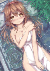 Rule 34 | 1girl, absurdres, breasts, brown eyes, brown hair, collarbone, covering breasts, covering crotch, covering privates, embarrassed, grass, hairband, highres, kantai collection, large breasts, long hair, naked towel, nude cover, partially submerged, shiratsuyu (kancolle), shiratsuyu kai ni (kancolle), solo, towel, water, yamataka