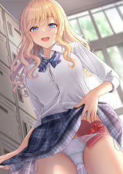 Rule 34 | 1girl, :d, blonde hair, blue eyes, blue skirt, bow, bowtie, box, breasts, button gap, clothes lift, collared shirt, cowboy shot, heart-shaped box, highres, idolmaster, idolmaster cinderella girls, lifted by self, long hair, long sleeves, looking at viewer, medium breasts, monaka curl, object in clothes, object in panties, ohtsuki yui, open mouth, panties, plaid, plaid skirt, pleated skirt, school uniform, see-through, shirt, side-tie panties, skirt, skirt lift, smile, solo, string panties, thighs, underwear, valentine, wavy hair, white panties, white shirt