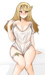 Rule 34 | 1girl, bare shoulders, blonde hair, blush, breasts, cleavage, closed mouth, collarbone, curvy, earrings, embarrassed, facing viewer, frown, headband, highres, hot, jewelry, large breasts, long hair, looking at viewer, mythra (xenoblade), naked shirt, nintendo, shirt, sitting, solo, sweat, thick thighs, thigh strap, thighs, tridisart, xenoblade chronicles (series), xenoblade chronicles 2, yellow eyes