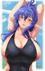 Rule 34 | 1girl, areola slip, armpits, arms up, blue hair, blush, borrowed character, breasts, cleavage, cloud, collarbone, day, elf, grass, hair intakes, highres, huge breasts, long hair, looking at viewer, nipples, one-piece swimsuit, orange eyes, original, parted lips, pekoneko, pointy ears, sideboob, sky, slit pupils, solo, stretching, swimsuit