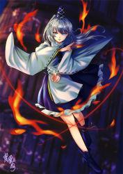 Rule 34 | 1girl, absurdres, blue dress, blue eyes, blue footwear, blue hat, blue skirt, boots, cape, dress, fire, grey hair, hair between eyes, hands up, hat, highres, long hair, long sleeves, looking at viewer, mononobe kanako, mononobe no futo, open mouth, ponytail, shirt, signature, skirt, smile, solo, touhou, white cape, white shirt