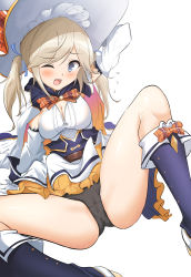 Rule 34 | 1girl, absurdres, arm behind head, arm up, black footwear, black panties, blue eyes, blush, boots, breasts, cleavage, commentary, cucouroux (granblue fantasy), cucouroux (halloween) (granblue fantasy), detached sleeves, fang, gloves, granblue fantasy, hat, highres, knee boots, knee up, light brown hair, long hair, long sleeves, looking at viewer, medium breasts, momio, one eye closed, open mouth, panties, shirt, simple background, sitting, skirt, solo, sweat, twintails, underwear, white background, white gloves, white hat, white shirt, white skirt, white sleeves, witch hat