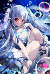 Rule 34 | 1girl, barefoot, breasts, cleavage, highres, jellyfish, parted lips, red eyes, solo, suimya, twintails, underwater