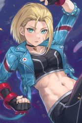 Rule 34 | 1girl, abs, blonde hair, breasts, cammy white, crop top, enporion, fingerless gloves, gloves, green eyes, highres, jacket, large breasts, pants, short hair, sports bra, street fighter, street fighter 6