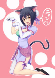 Rule 34 | 10s, 1girl, :d, animal ears, black hair, blush, breasts, brown eyes, cat ears, cat tail, coupe50, elbow gloves, gloves, hair bun, looking at viewer, md5 mismatch, medium breasts, open mouth, sega, shaomei rin, shining (series), shining hearts, short hair, single elbow glove, single glove, single hair bun, single thighhigh, smile, solo, speech bubble, tail, thighhighs, translation request, white thighhighs