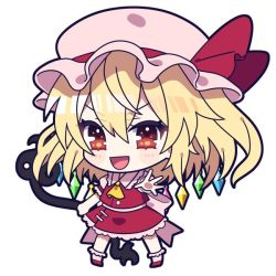 Rule 34 | 1girl, :d, ascot, bad id, bad twitter id, blonde hair, chibi, crystal, flandre scarlet, full body, hat, hat ribbon, laevatein (touhou), looking at viewer, mob cap, open mouth, red eyes, red footwear, red ribbon, red skirt, red vest, ribbon, shirt, short hair, short sleeves, simple background, skirt, smile, socks, solo, standing, touhou, vest, white background, white hat, white shirt, white socks, wings, yellow ascot, yoriteruru