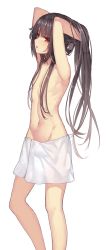 Rule 34 | 1boy, :o, adjusting hair, armpits, arms behind head, arms up, brown hair, bulge, collarbone, highres, long hair, looking at viewer, looking to the side, male focus, musyne xsk, navel, original, red eyes, solo, standing, towel, trap, white background