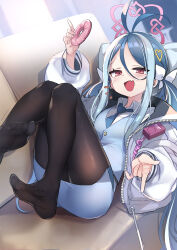 Rule 34 | 1girl, antenna hair, black pantyhose, blue archive, blue hair, blue necktie, blue skirt, blue vest, blush, clonatenshi, collared shirt, doughnut, fang, feet, food, fubuki (blue archive), grey hair, hair ornament, halo, highres, holding, holding food, long hair, long sleeves, multicolored hair, necktie, open mouth, pantyhose, pink halo, red eyes, shirt, skin fang, skirt, smile, soles, solo, toes, twintails, vest, white shirt