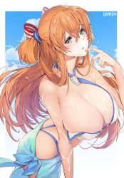 Rule 34 | 1girl, artist name, ass, bikini, blue sarong, blue sky, blush, breasts, brown hair, cleavage, cloud, covered erect nipples, damda, day, finger to mouth, girls&#039; frontline, green eyes, hair between eyes, hair ribbon, hair rings, large breasts, long hair, looking at viewer, o-ring, o-ring bikini, o-ring top, official alternate costume, open mouth, outside border, ponytail, ribbon, sarong, sidelocks, sky, smile, solo, springfield (girls&#039; frontline), springfield (stirring mermaid) (girls&#039; frontline), swimsuit, thighs, two side up, untied bikini, wardrobe malfunction, white bikini
