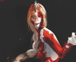 Rule 34 | 1girl, absurdres, baldur&#039;s gate, baldur&#039;s gate 3, blonde hair, blood, blood on face, bodysuit, braid, circlet, collared bodysuit, colored skin, commentary, cyl 003, detached sleeves, dungeons &amp; dragons, facing viewer, film grain, from side, grey background, headpiece, highres, long hair, looking to the side, low-braided long hair, low-tied long hair, orin the red, parted lips, red bodysuit, red lips, simple background, single braid, smile, solo, upper body, white eyes, white skin