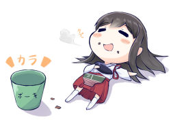 Rule 34 | 10s, 1girl, = =, akagi (kancolle), armor, brown hair, bucket, chibi, closed eyes, food, food on face, japanese clothes, kantai collection, kurono nekomaru, long hair, lying, muneate, open mouth, solo, thighhighs, translation request