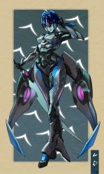 Rule 34 | 1girl, autobot, blue eyes, ct990413, dark persona, energy sword, hand on own head, head tilt, highres, holding, holding sword, holding weapon, low wings, mecha, mechanical wings, no humans, redesign, robot, science fiction, solo, sword, transformers, transformers shattered glass, walking, weapon, windblade, wings