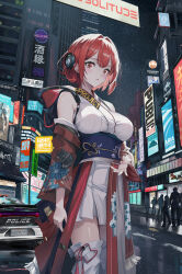 Rule 34 | 1girl, 6+others, absurdres, breasts, car, city, detached sleeves, double-parted bangs, highres, hood, hood down, indy k, japanese clothes, looking at viewer, medium breasts, motor vehicle, multiple others, night, obi, original, police car, red eyes, red hair, sash, short hair, sky, solo focus, star (sky), starry sky, thighhighs, white thighhighs