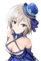 Rule 34 | 1girl, anastasia (idolmaster), aqua eyes, bare shoulders, blue choker, blue dress, blue hat, blush, breasts, choker, cleavage, collarbone, detached sleeves, dress, frilled choker, frills, grey hair, hair between eyes, halter dress, halterneck, hat, idolmaster, idolmaster cinderella girls, jewelry, lace, lace-trimmed dress, lace trim, looking at viewer, medium breasts, mini hat, nannacy7, pendant, short hair, simple background, smile, solo, upper body, white background