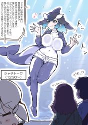 Rule 34 | 10s, 1boy, 3girls, against glass, aqua hair, beluga whale (kemono friends) (stylecase), black hair, blowhole, blue eyes, bodysuit, borrowed character, breast press, breasts on glass, brown hair, cetacean tail, commentary request, diving suit, fictional persona, fins, fish tail, highres, jacket, kemono friends, killer whale (kemono friends) (stylecase), long hair, multicolored hair, multiple girls, musical note, original, short hair, short shorts, shorts, skin tight, smile, spoken musical note, tail, tanaka kusao, translation request, waving, wetsuit, white hair