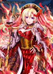 Rule 34 | 1girl, axe, blonde hair, bloody mary (shinkai no valkyrie), chain, corset, crown, dress, feng jianri, fire, floral print, flower, gem, jewelry, lipstick, makeup, necklace, purple eyes, red dress, red gemstone, rose, rose print, shinkai no valkyrie, solo, weapon