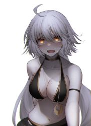 Rule 34 | 1girl, ahoge, bare shoulders, bikini, black bikini, blush, braid, breasts, commentary request, crying, crying with eyes open, fang, fate/grand order, fate (series), gloves, glowing, glowing eyes, highres, jeanne d&#039;arc alter (fate), jewelry, large breasts, long hair, medium breasts, necklace, roro 982, shaded face, simple background, smile, sobbing, solo, swimsuit, tears, white background, white hair, yellow eyes