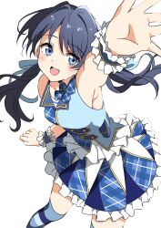 Rule 34 | 1girl, armpits, blue eyes, blue hair, blue jacket, blue thighhighs, blush, collarbone, commentary request, djpwjd1, frilled skirt, frills, highres, jacket, link! like! love live!, long hair, looking at viewer, love live!, murano sayaka, open mouth, plaid, plaid jacket, plaid skirt, skirt, sleeveless, sleeveless jacket, solo, striped clothes, striped thighhighs, thighhighs, twintails, upper body, white background, wrist cuffs